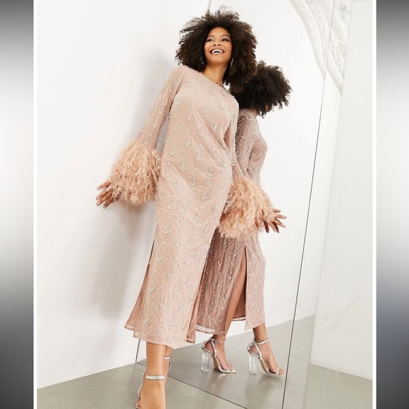 ASOS Design size 4 blush pink drop beaded midi Elegant Beige Long Sleeve  Dress - divino.acegroup.co.in
